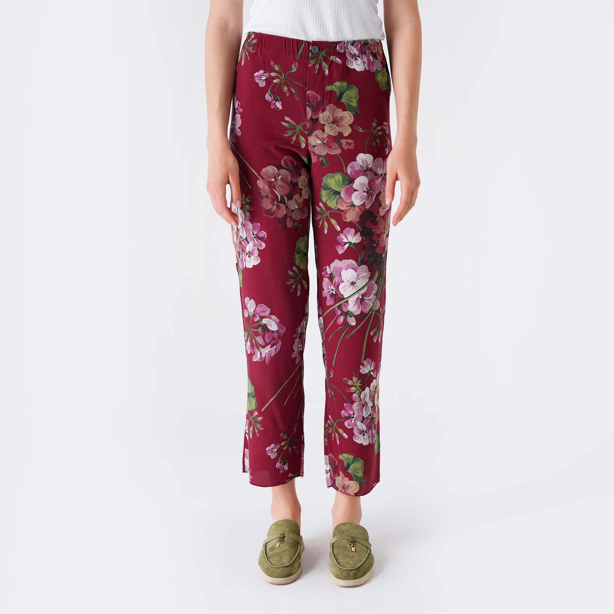 Gucci - Burgundy Floral Print Silk Pants